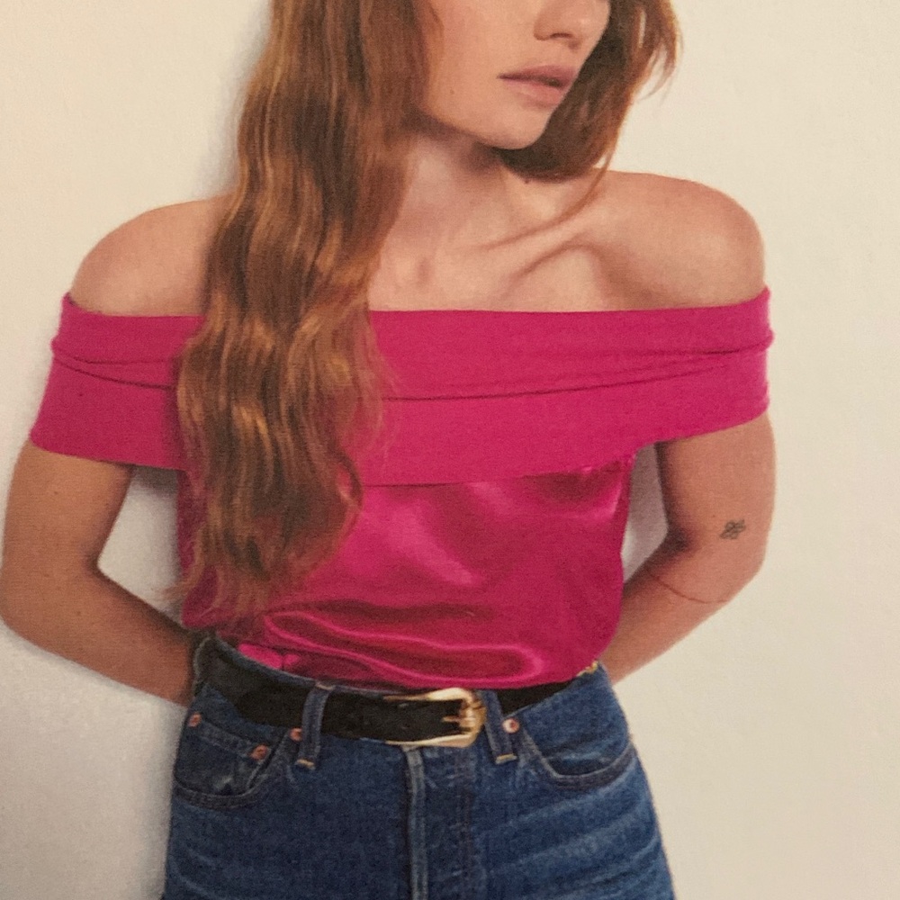 Nation LTD Fuchsia Off-Shoulder Satin Blouse